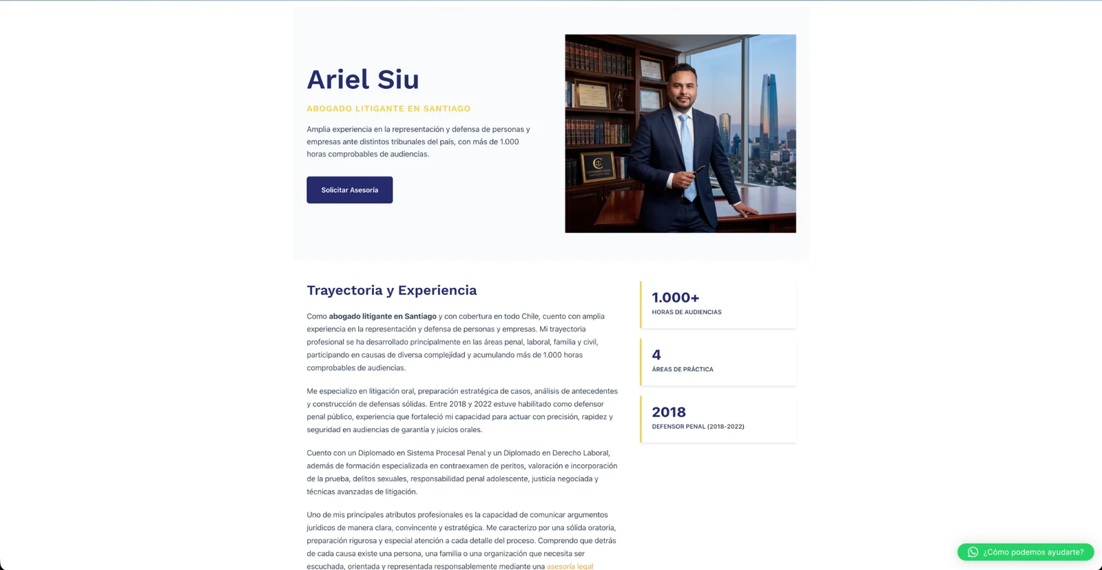 Vista del perfil profesional de Ariel Siu dentro del sitio de Confianza Legal.