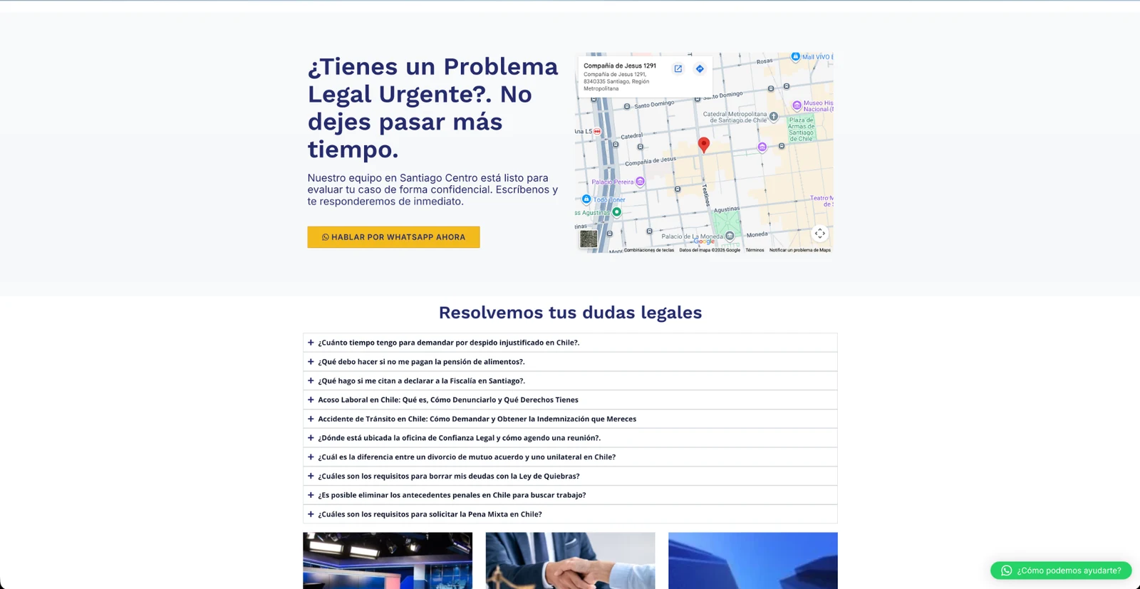 Vista del sitio de Confianza Legal con ubicación y preguntas frecuentes.