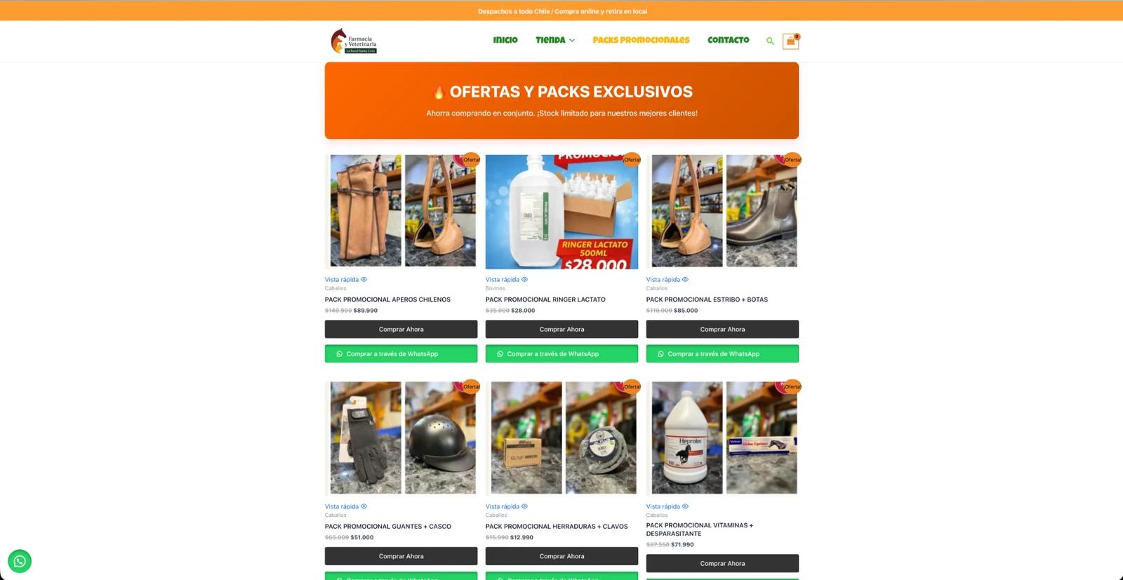 Vista del e-commerce de Veterinaria La Rural con packs y ofertas comerciales.