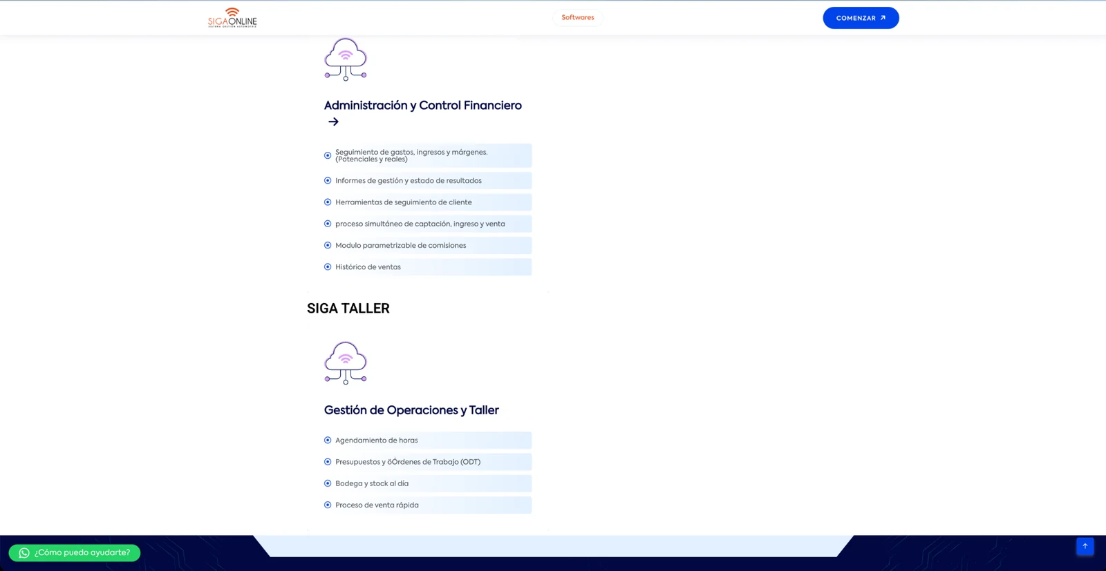 Vista del sitio de Sigaonline con módulos de administración y gestión de taller.