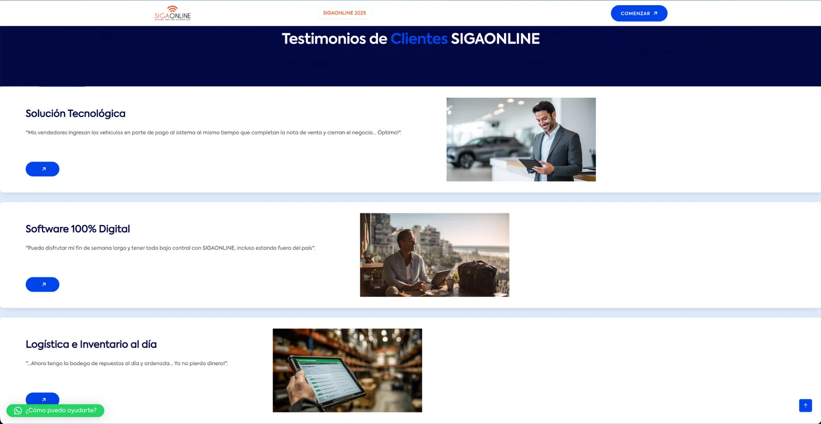 Vista del sitio de Sigaonline con testimonios y beneficios de uso.